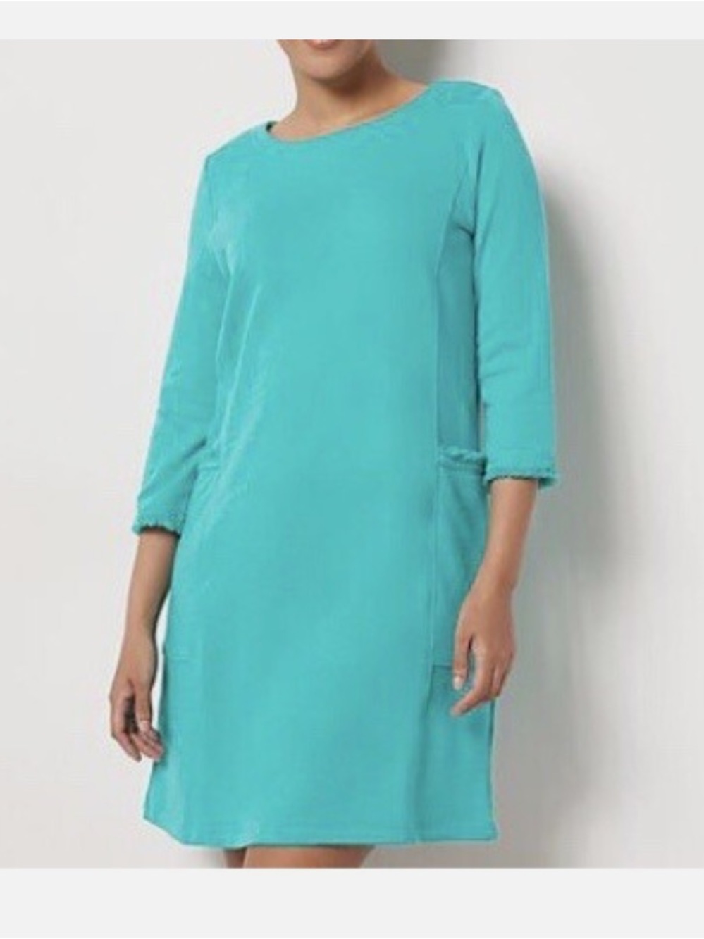 Susan Graver Weekend French Terry Multiples Shift Dress White Fringe Size XXS - Picture 9 of 9